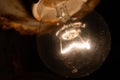 Old incandescent light bulb glows in the dark close up Royalty Free Stock Photo