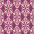 Old indian arabesque damask seamless vector pattern. Ornate spice color marsala purple cream middle eastern style