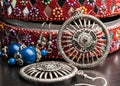 Old indian jewelery box with the earrings. Royalty Free Stock Photo