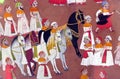 Old Indian mural male warriors with horses isolated on an empty background