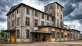 An old industrial building with weathered concrete walls under a cloudy sky Royalty Free Stock Photo