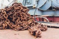 Old industrial chain ropes, the big rusty chains. Royalty Free Stock Photo