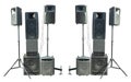 Old industrial powerful stage sound speakers isolated over white