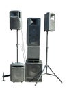 Old industrial powerful stage sound speakers isolated over white Royalty Free Stock Photo