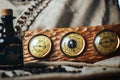 Old instrument of measurement - thermometer, barometer and hygrometer on a wooden frame Royalty Free Stock Photo