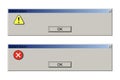 Old interface window with error messages. PC problems, web browser alert, software system bug. Program failure. Retro vector Royalty Free Stock Photo