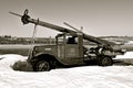 Old international loaded with a wooded boom and pull black and white Royalty Free Stock Photo