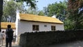 Old Irish Traditional Whitewashed Cottage with a thatched roof at The Ulster America Folk Park Northern Ireland