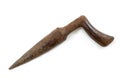 Old iron dibber for planting bulbs, seedlings and seeds ,old rusty tool, on white