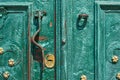 Old iron door, forged and painted in green color with golden flowers for background, vintage style, retro elements Royalty Free Stock Photo