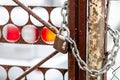 The old iron gate is locked with a chain. Breaking and entering private property. Closed Secret Zone Royalty Free Stock Photo