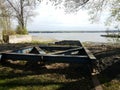 Old iron metal ramp to launch boats with river