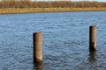 old iron pipes driven into the river Royalty Free Stock Photo