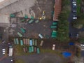 Old iron, rusty containers, storage on site, top view Royalty Free Stock Photo