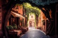 Old italian street overgrown with vines. Generative AI, Generative, AI Royalty Free Stock Photo