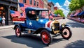 Old jalopy car patriot summer parade party America independence Royalty Free Stock Photo