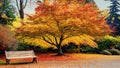 An Old Japanese Maple Tree stands tall in a serene garden with bench Royalty Free Stock Photo