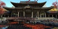 Old japanese palace in the fall 3d illustration Royalty Free Stock Photo