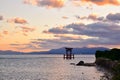 Japanese shrine`s Torii gate on the lake Biwa, Japan