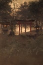 old japanese shrine with torii gate and stone lantern in the evening light