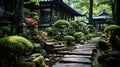 Old Japanese Style House Beside The Wet Stone Path and Green Trees Royalty Free Stock Photo
