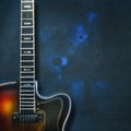 Old, jazz electric guitar on grunge blue background. Close-up. Copy space. Background for music festivals, concerts. Musical Royalty Free Stock Photo