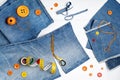 Old jeans upcycling idea. Crafting with denim, recycling old clothers, hobby, diy activity