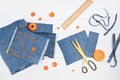 Old jeans upcycling idea. Crafting with denim, recycling old clothers, hobby, diy activity