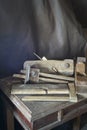 Old joiner's instruments to rest upon wooden table Royalty Free Stock Photo