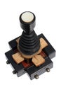 Old joystick made of four push buttons and a handle, isolated against white background