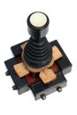 Old joystick made of four push buttons and a handle, isolated against white background