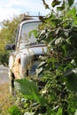 Old junky rusty abandoned car sitting in the bush Royalty Free Stock Photo