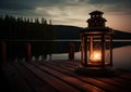 Old kerosene lantern with warm yellow light on a bridge by a lake in the evening. Burning lantern on a stone in the Royalty Free Stock Photo