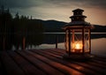 Old kerosene lantern with warm yellow light on a bridge by a lake in the evening. Burning lantern on a stone in the Royalty Free Stock Photo