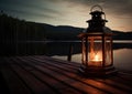 Old kerosene lantern with warm yellow light on a bridge by a lake in the evening. Burning lantern on a stone in the Royalty Free Stock Photo