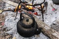 Old kettle boiling water for coffee or Tea in countryside in Thai