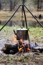 Cooking food at the stake outdoors.