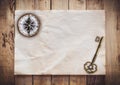 Old key and Compass on Old paper vintage on wood background with space Royalty Free Stock Photo