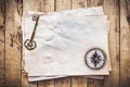 Old key and Compass on Old paper vintage on wood background with space Royalty Free Stock Photo