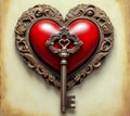 Old key in heart shape on red vintage background, love Royalty Free Stock Photo