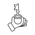 Old key icon line design. Hand holding key. Key to a chest or an old door. Royalty Free Stock Photo