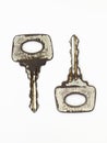 Old key isolated. Keys on table. Ancient keys, used for long time. Vintage key on white background.