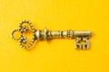 Vintage key isolated on yellow background