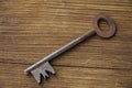 Old key lies on an old wooden table, natural textures, the concept of discovery, secrets, answers, answers to difficult questions Royalty Free Stock Photo