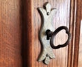 Old-style furniture key placed in its keyhole in the shape of lily closeup Royalty Free Stock Photo