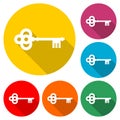 Old key silhouette icon or logo, color set with long shadow Royalty Free Stock Photo