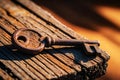 Old key on a wooden surface close-up selective focus Royalty Free Stock Photo