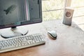 Old keyboard with mouse and broken monitor are on table and covered in thick dust Royalty Free Stock Photo