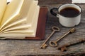 Old keys, book, cake with cup of tea on rustic wooden background. Royalty Free Stock Photo