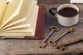 Old keys, book, cake with cup of tea on rustic wooden background. Royalty Free Stock Photo